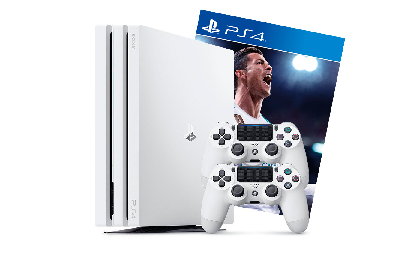 PlayStation 4 Pro 2 джойстика, белая приставка и игра FIFA 18 [PS4P1WJ2F18]